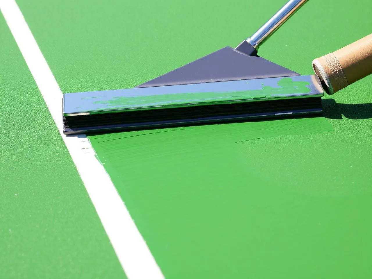 Professional squeegee applying green acrylic coating to an athletic court surface in Las Vegas.