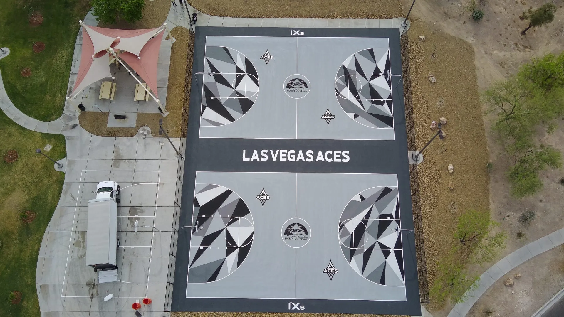 Aerial view of a newly resurfaced Las Vegas Aces themed basketball court in North Las Vegas.