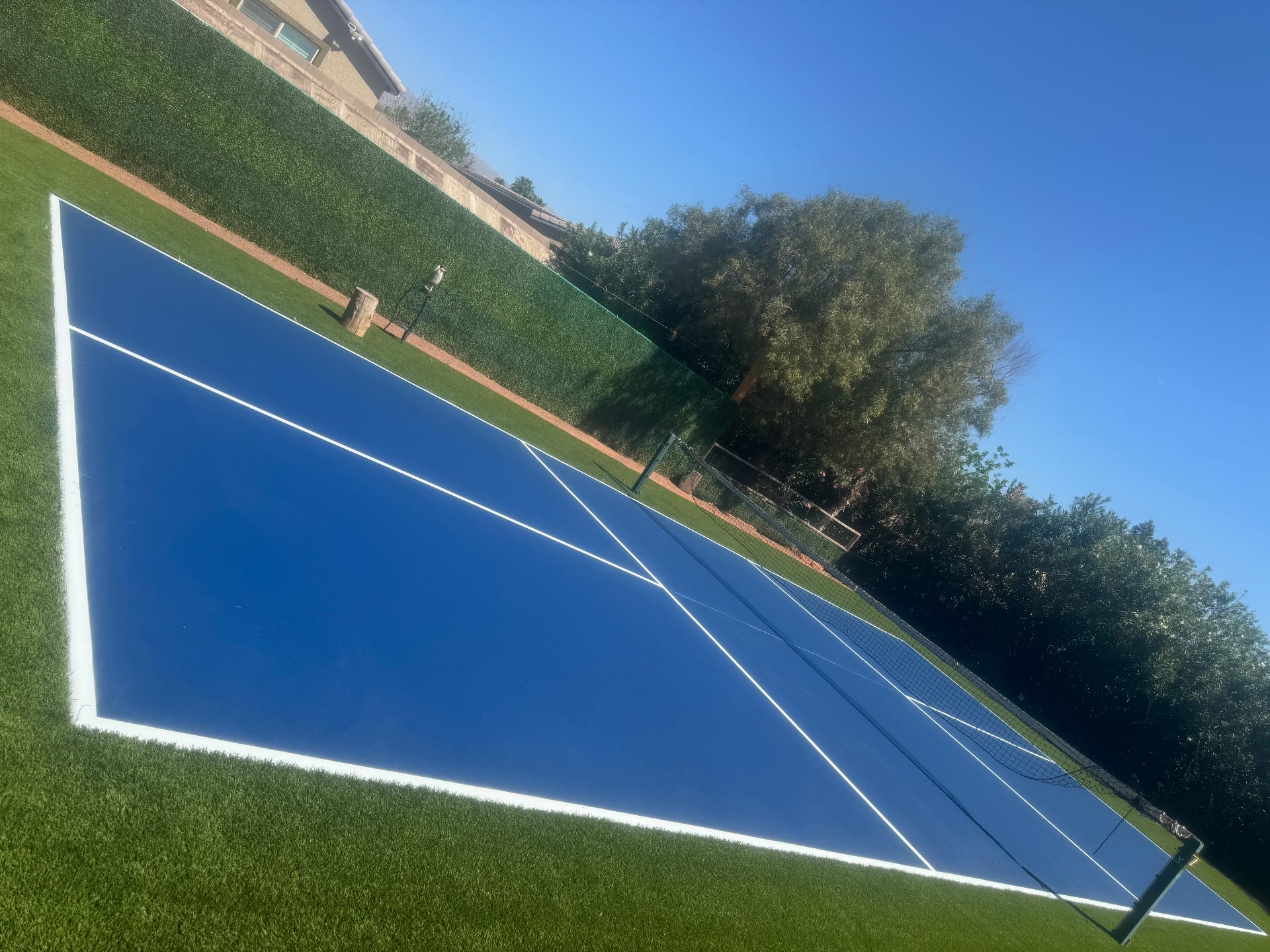A vibrant blue residential mini pickleball court with white lines surrounded by artificial turf and privacy hedges in Las Vegas.