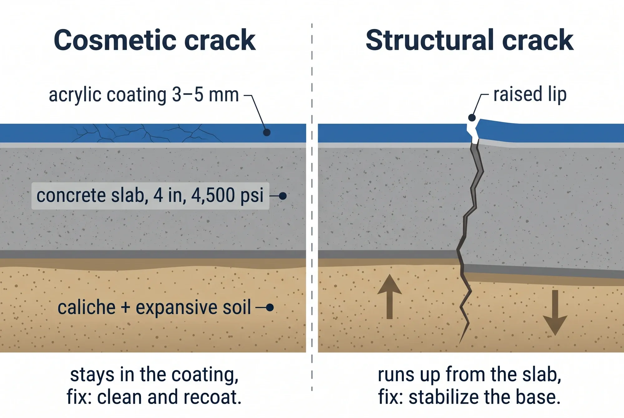 Diagram comparing a cosmetic coating crack and a structural slab crack