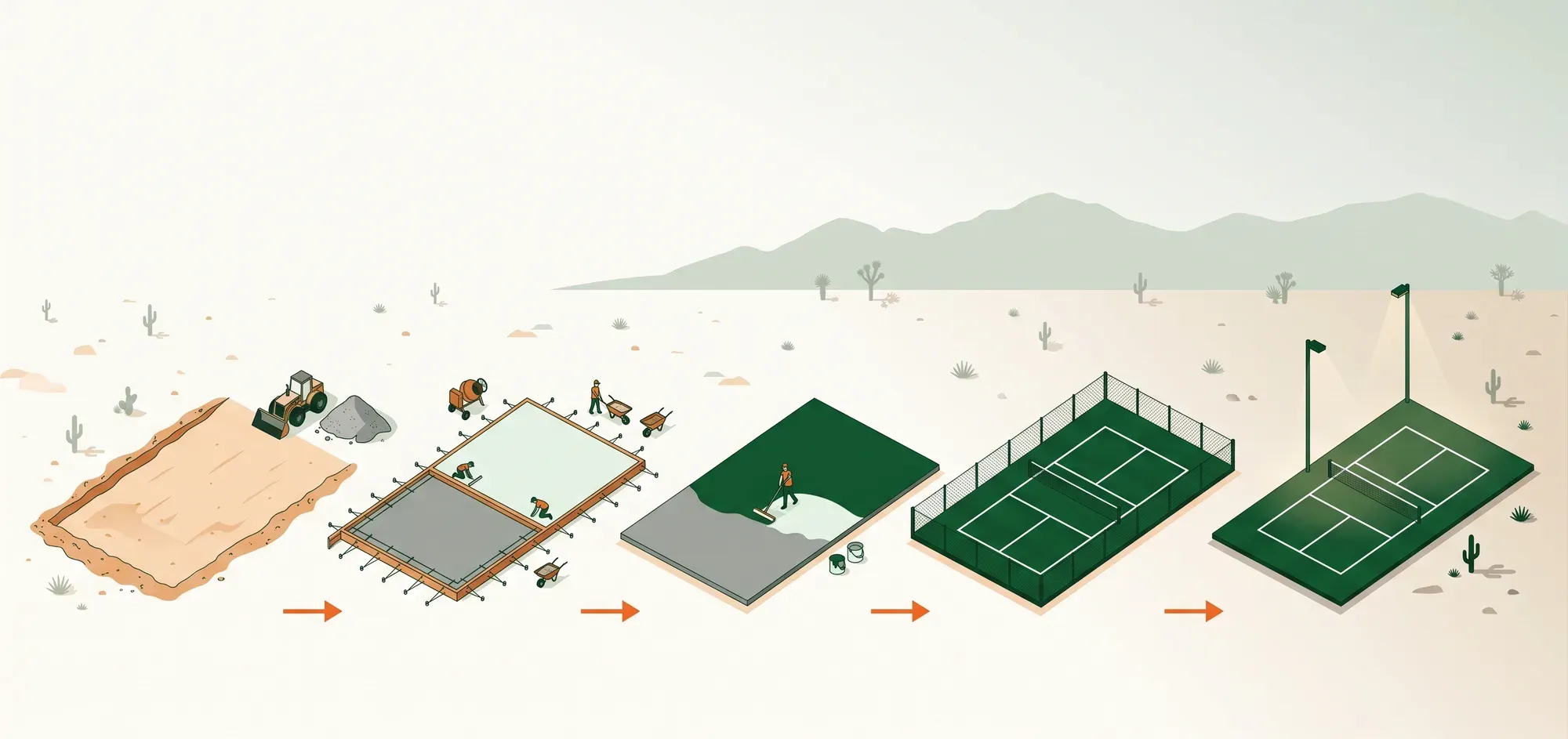 Illustration of a Las Vegas pickleball court built in five stages across the desert: a graded lot, a formed post-tension concrete slab, acrylic color coating, a fenced green court, and a finished court with lights
