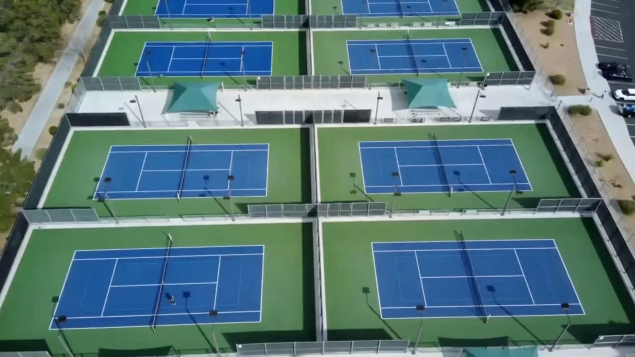 Aerial view of the resurfaced blue and green tennis courts at Lorenzi in Las Vegas, NV