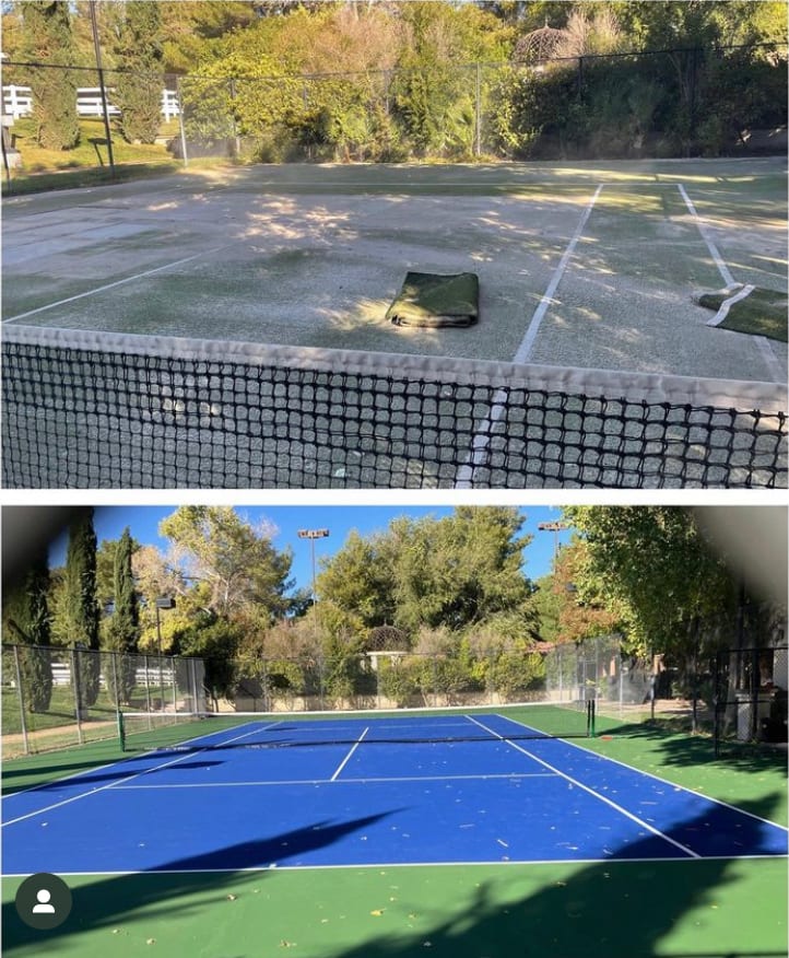 Before and after photos of a residential tennis court resurfacing project in Las Vegas showing a worn surface replaced with a vibrant blue and green court.